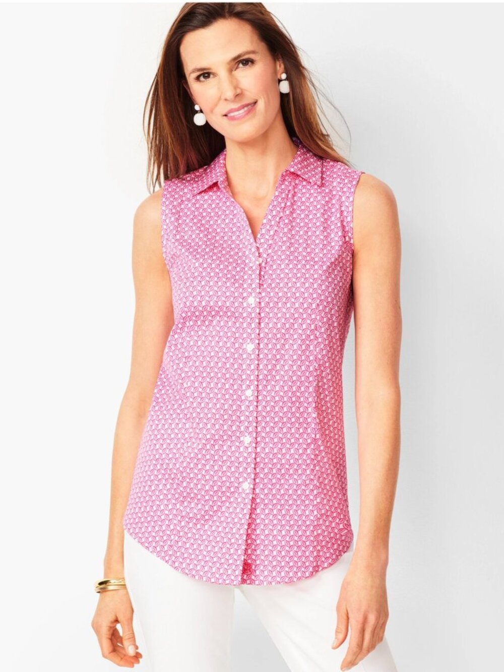 Talbots Sleeveless Perfect Shirt Blouse Button Non Iron Pinwheel Pink White 4
